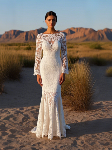 Trumpet Mermaid Scoop Long Sleeve White Lace Wedding Dress