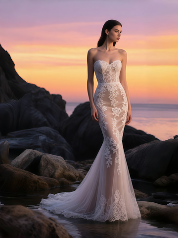 Lace Trumpet Mermaid Tulle Champagne Wedding Dress
