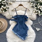 Fringed Edges Adjustable Straps Denim Buckle Top