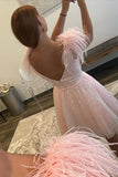Pink Feathers V Neck Open Back Homecoming Dress