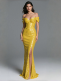 Sequin Corset Trumpet Mermaid Yellow Off The Shoulder Prom Dress With Slit