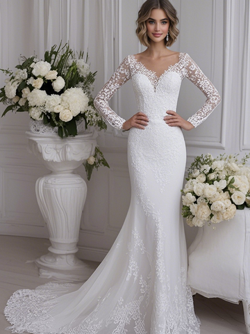 V Neck Trumpet Mermaid Lace Long Sleeve Wedding Dress