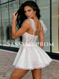 Short Mini White Sequin Tulle Sparkle Straps Prom Dress