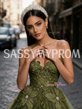 Tulle Sweetheart Rose Pearls Olive Green Prom Dress