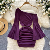 Purple Flared Sleeves Rose Belt Bodycon Dress