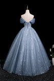 Off The Shoulder Tulle Butterfly Blue Sequin Prom Dress
