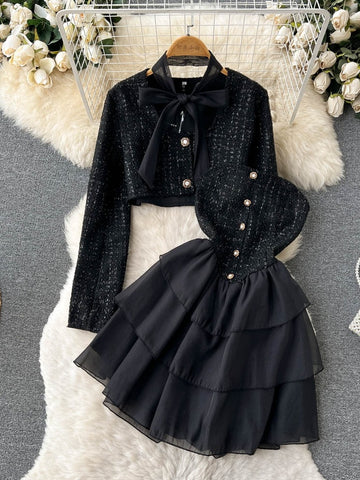 Embellished Button Bow-Tie Black Co-Ord Set