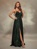 V Neck A Line Green Sequin Pleats Prom Dress