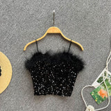 Feather Embellishment Black Sequin Crop Top