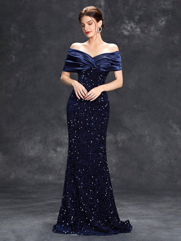 Trumpet Mermaid Navy Off The Shoulder Sequin Prom Dress