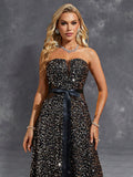 Sparkle Sequin Belt Sheer Waist Black Prom Dress