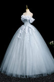 Gray Blue Tulle Flowers Ball Gown Prom Dress