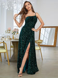 Backless Green Sequin A Line Prom Dress With Slit