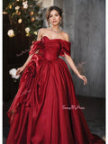 Off The Shoulder Burgundy Flower Sparkle Tulle Prom Dress