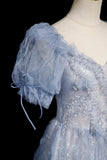 Beads Sweetheart A Line Blue Tulle Puffy Sleeves Prom Dress