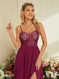 A Line Sheer Lace Burgundy Chiffon Prom Dress With Slit