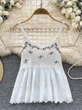 Floral Embroidery Eye-let Hem White Sleeveless Top