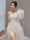 Long Sleeve High Low Champange Lace Wedding Dress