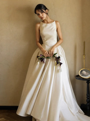 A Line Backless Scoop Satin Wedding Dress