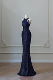 High Neck Sequin Trumpet Mermaid Navy Blue Prom Dress