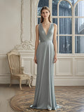 A Line Sleeveless Blue Satin Appliques V Neck Prom Dress