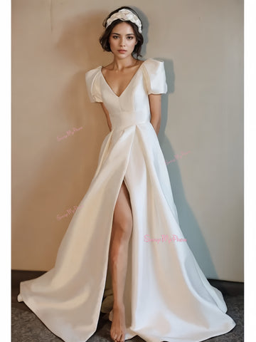 Short Sleeves A Line Wedding Dress With Slit Custom Made / Ivory Short Sleeves A Line Wedding Dress With Slit Custom Made / Ivory