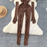 Sexy Animal Print Halter Jumpsuit With Gloves