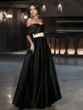 Belt Off The Shoulder Black Appliques Satin A Line Prom Dress