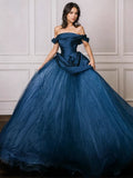 Tulle Off The Shoulder Satin Blue Ruched Prom Dress