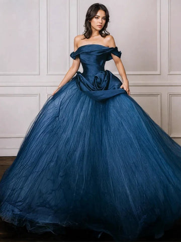 Tulle Off The Shoulder Satin Blue Ruched Prom Dress