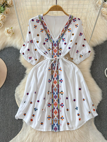 Embroidery White V-Neck Chiffon Summer Dress