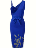 Floral Embellished Asymmetrical Blue Party Dress
