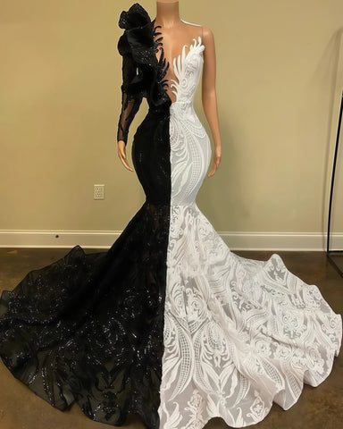 Long Sleeves Block Color Sequins Mermaid Prom Dress