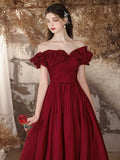 Off The Shoulder Satin Burgundy A Line Prom Dress