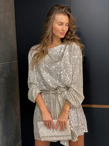 Sparkle Sequined Belted Long Sleeve Dress