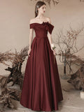 Burgundy Off The Shoulder Flowers Satin Prom Dress