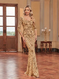 Long Sleeve Sparkle Trumpet Mermaid Gold Party Dress