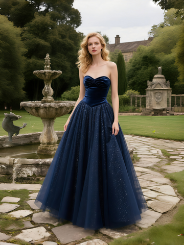 A Line Navy Shiny Tulle Velvet Corset Prom Dress