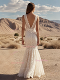 Trumpet Mermaid Lace V Neck Backless Wedding Dress