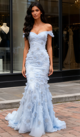 Off The Shoulder Blue Flower Beading Tulle Mermaid Prom Dress