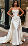 Sheath Column Satin Sweetheart Ruched Wedding Dress With Detachable Train
