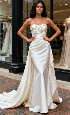 Sheath Column Satin Sweetheart Ruched Wedding Dress With Detachable Train