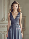 Chiffon Appliques Pleats Gray V Neck Prom Dress