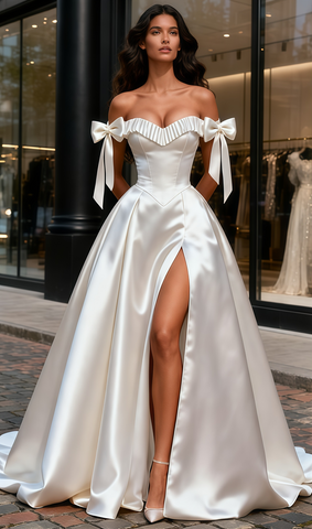 Ruched A Line Satin Off The Shoulder Wedding Dress With Slit