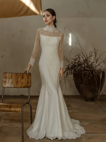 Sheer Trumpet Mermaid Long Sleeve Lace High Neck Wedding Dress US8 / White Sheer Trumpet Mermaid Long Sleeve Lace High Neck Wedding Dress US8 / White