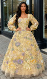 Flower Lace Yellow Tulle Long Sleeve Square Prom Dress
