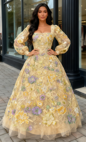 Flower Lace Yellow Tulle Long Sleeve Square Prom Dress