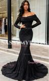 Long Sleeve Beading Black Off The Shoulder Trumpet Mermaid Prom Dress