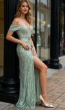 Crystal Off The Shoulder Green A Line Prom Dress With Slit