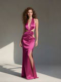 Trumpet Mermaid Flower Halter Cut Out Satin Prom Dress With Slit